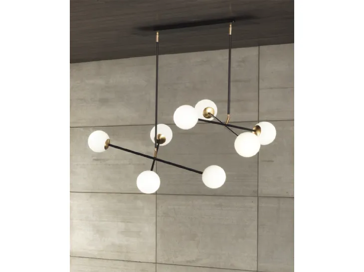 Lampada a sospensione Meridian S8 in metallo con 8 globi in vetro bianco satinato di Riflessi