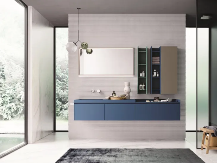 Mobile da Bagno sospeso in laccato opaco blu oltremare, verderame e tortora Calix XL 09 di Novello