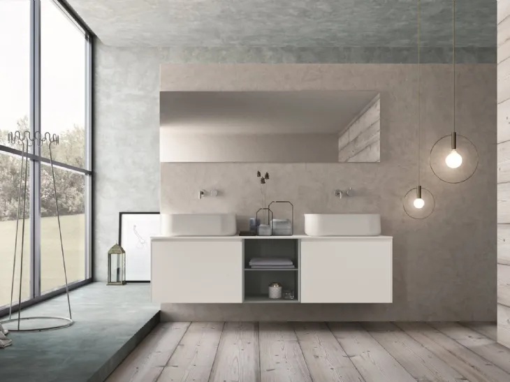 Mobile da Bagno sospeso in HPL bianco e laccato azzurro con top bianco opaco con doppio lavabo Calix XL 05 di Novello