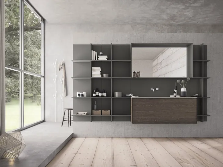 Mobile da Bagno sospeso in HPL rovere bruciato e laccato grigio scuro opaco Calix XL 12 di Novello