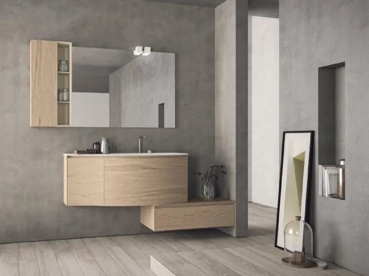 Mobile da Bagno sospeso con frontali curvi in HPL unicolor rovere naturale e lavabo integrato in teknorit bianco opaco Calix XL 05 di Novello