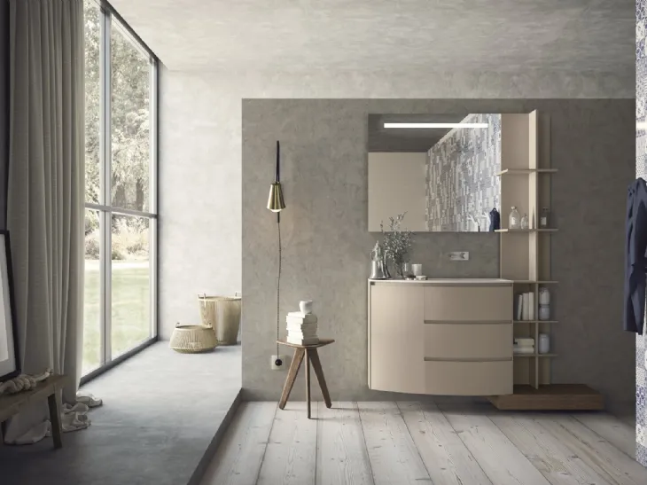 Mobile da Bagno sospeso con frontali curvi in laccato sabbia opaco Calix XL 04 di Novello