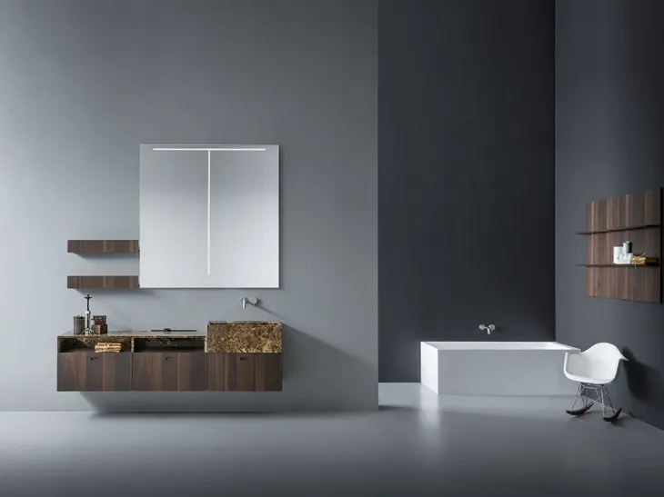 Mobile da Bagno sospeso in rovere termocotto con lavabo e top in marmo EmperadorCraft 04 di Novello