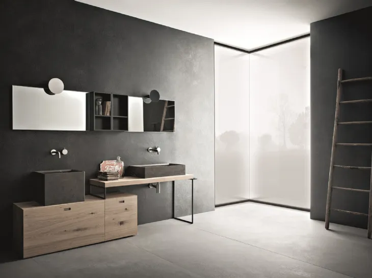 Mobile da Bagno a terra in legno di rovere naturale e lavabi in pietra grey Craft 09 di Novello