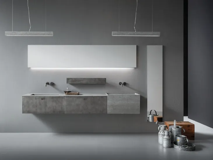 Mobile da Bagno sospeso in finitura metal acciaio con top e lavabi in laminam Savoia grigia Craft 11 di Novello