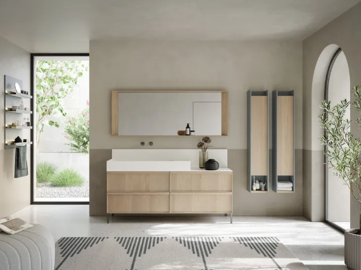 Mobile da Bagno a terra con ante in rovere con frontale plissè e alzatina in teknorit bianco opaco D Art 06 di Novello