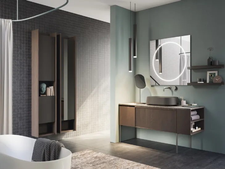 Mobile da Bagno a terra in rovere e top in laminam porfido marrone fiammato D Art 09 di Novello