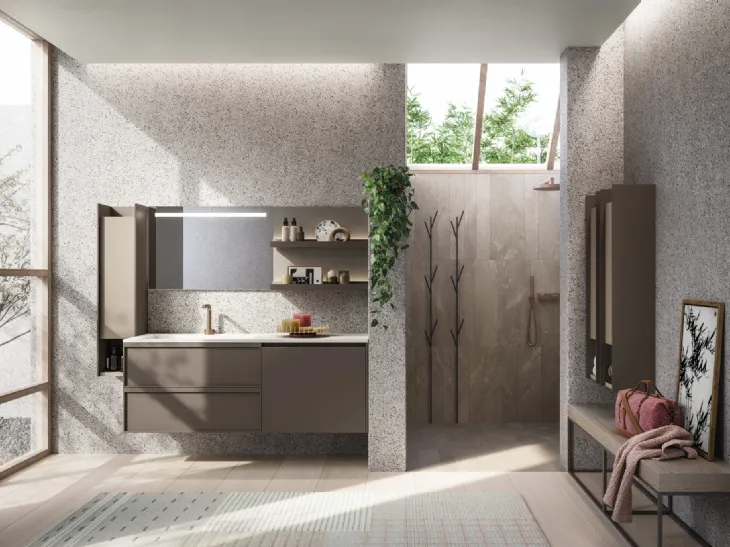 Mobile da Bagno in laccato opaco con panca in rovere D Art 11 di Novello