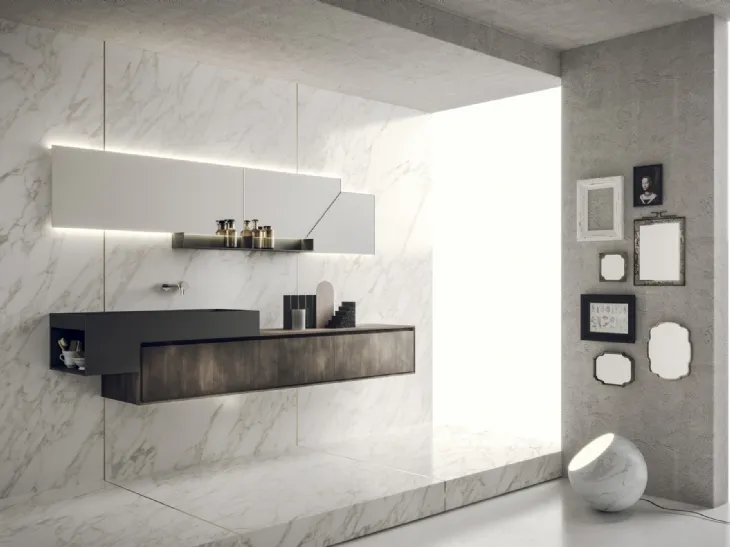 Mobile da Bagno sospeso in laccato metal titanio e piano lavabo integrato con alzatina in cemento grigio scuro Libera+ 01 di Novello