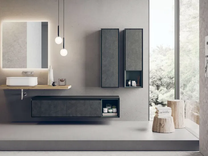 Mobile da Bagno sospeso in cemento grigio scuro e top in rovere massello Libera+12 di Novello