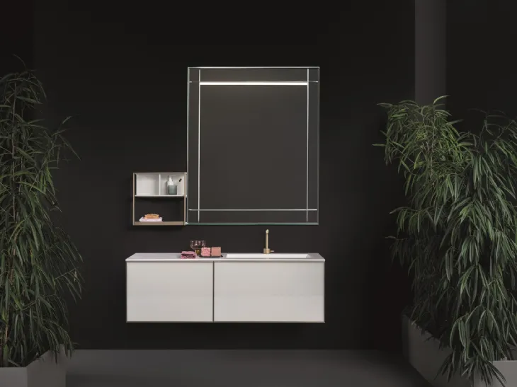 Mobile da Bagno sospeso in vetro bianco con top in teknorit bianco opaco Quari 04 Cannaregio di Novello