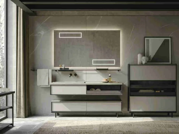 Mobile da Bagno a terra in laccato e rovere con top in gres Sartus 01 di Novello