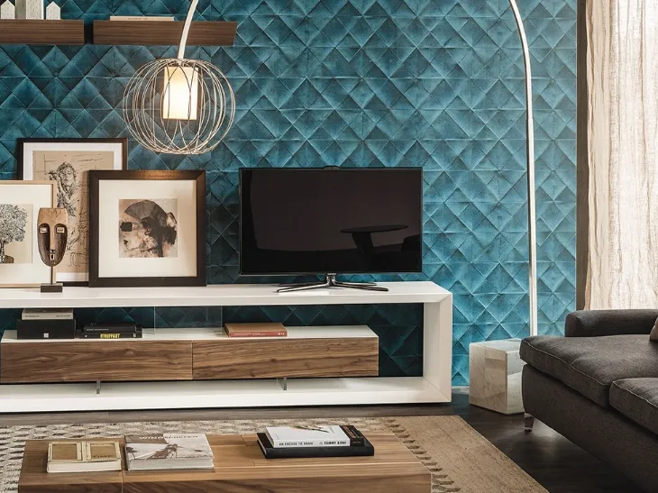 Mobile Porta TV in legno laccato bianco e cassettiera in Noce Canaletto Boxer di Cattelan Italia