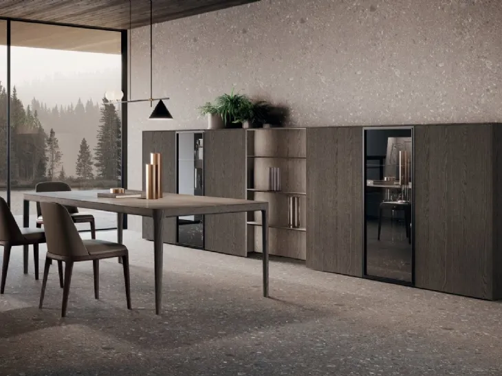 Parete Attrezzata Bluna Legno 02 in rovere grigio e vetro di Binova