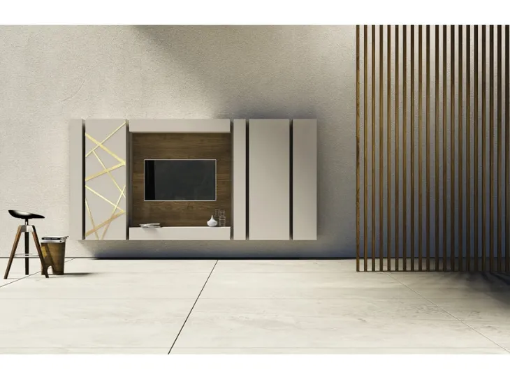 Parete Attrezzata in laccato con decorazione in bronzo graffiato e pannello porta TV in legno di quercia Comp 06 di Voltan