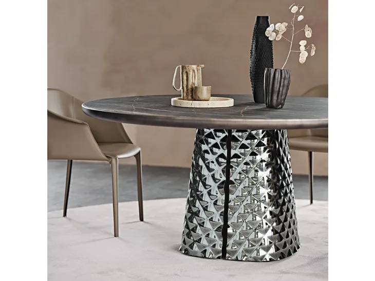 Tavolo con base in cristallo specchiato e piano in ceramica Atrium Keramik Premium Round di Cattelan Italia