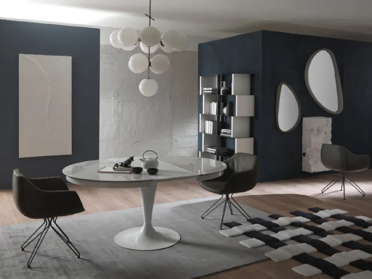 Tavolo rotondo allungabile in marble glass e base in metallo Eclipse di Ozzio