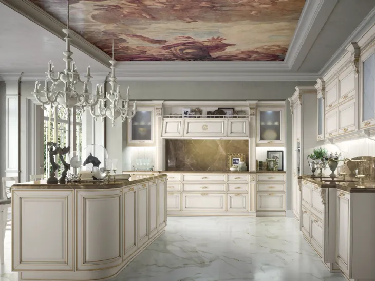 Cucina classica elegante in laccato opaco con isola Made in Italy Caviar Gold di Miton