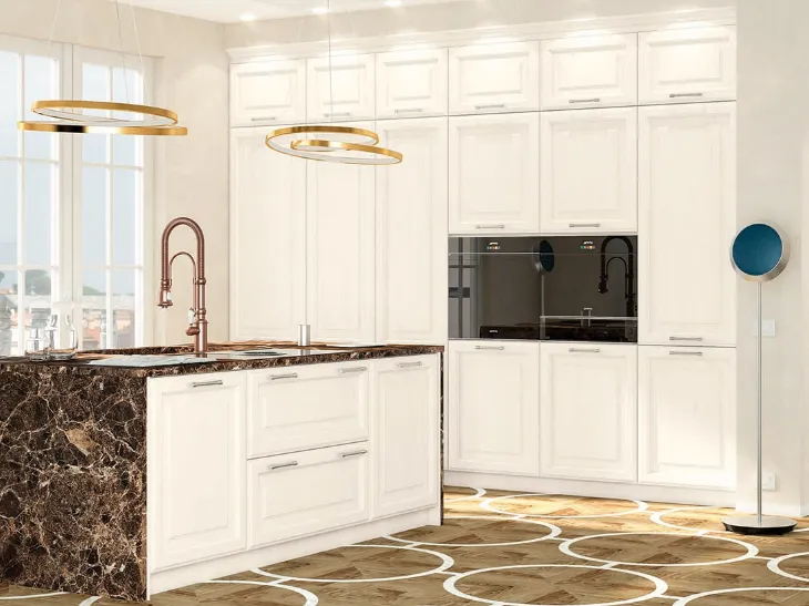 Cucina Classica lineare in legno laccato bianco con top in marmo Chimera York di Zappalorto