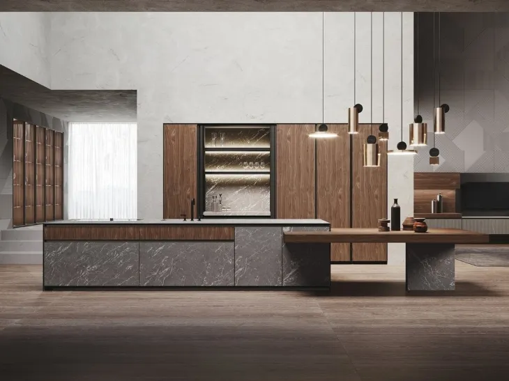 Cucina Design in Noce Canaletto con isola in hpl finitura pietra Alicante Avola di Binova