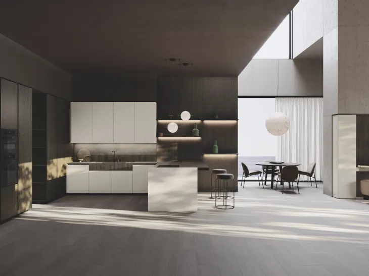 Cucina Design con penisola Balance Superlac in laccato e bilaminato rovere di Binova