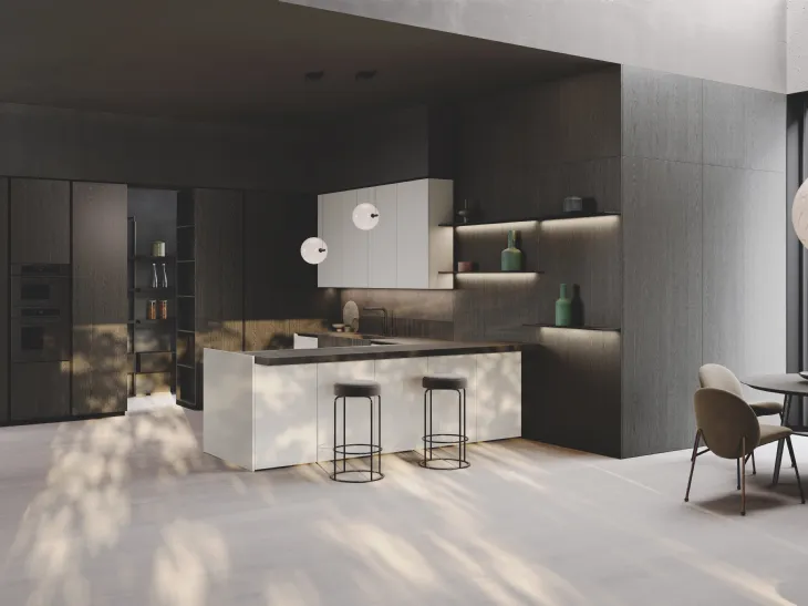 Cucina Design con penisola Balance Superlac in laccato e bilaminato rovere di Binova