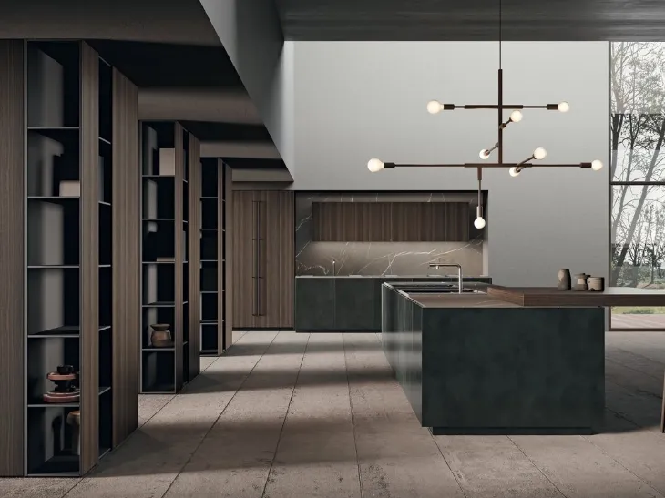 Cucina Design con isola in laccato effetto metallico e bilaminato effetto legno con top in gres Scava di Binova