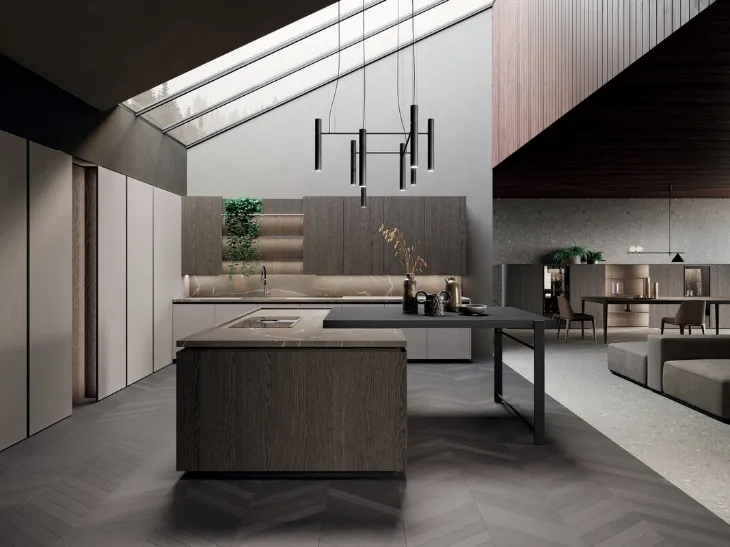 Cucina Design con isola e penisola in rovere grigio e bilaminato pietra piasentina Bluna Legno di Binova