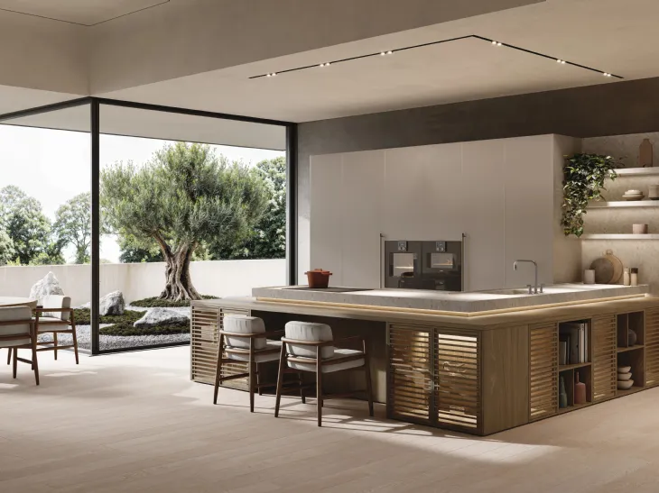 Cucina Design con penisola Bluna + Zen in alluminio e noce di Binova
