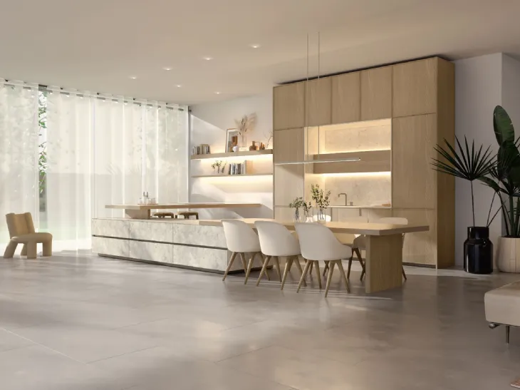 Cucina Design con penisola Marea + Giza + Rim in legno e ceramica di Maistri