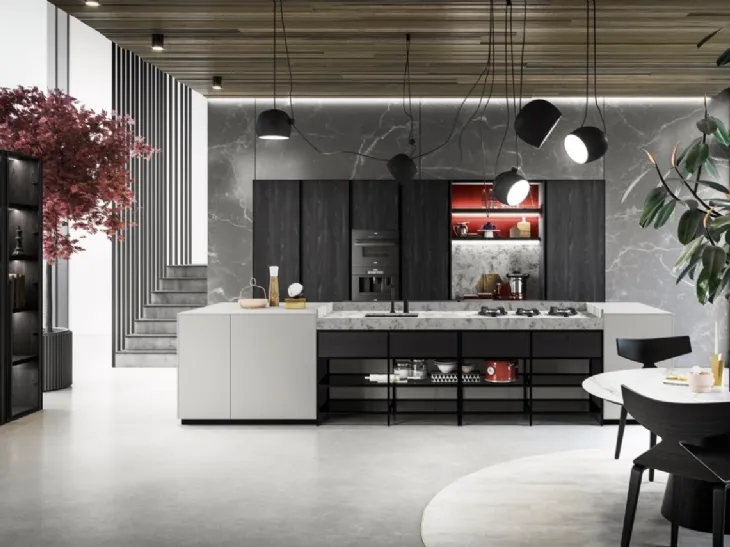 Cucina Design lineare Menta in laminato Fenix finitura Grigio Efeso con top in Quarzo opaco di Miton