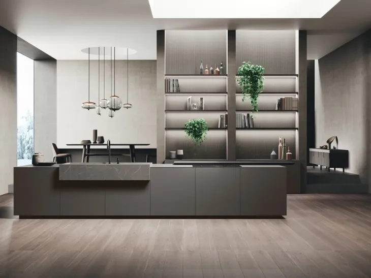 Cucina Design con isola Vogue Legno in laccato opaco, gres e rovere di Binova