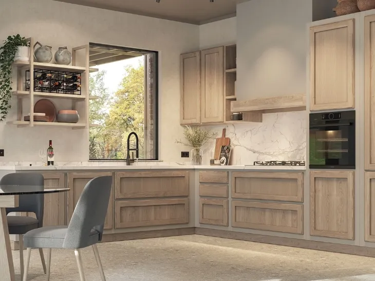 Cucina in Muratura Giorgina Legno Natural in castagno con struttura effetto muro frattonato grigio cemento di Zappalorto