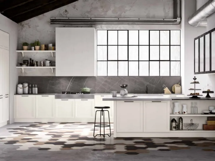 Cucina Moderna lineare Frame 01 in laccato opaco bianco e pietra di Nova Cucina