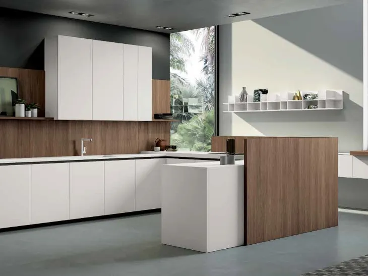 Cucina Moderna angolare Smart 04 in laminato bianco e noce di Nova Cucina