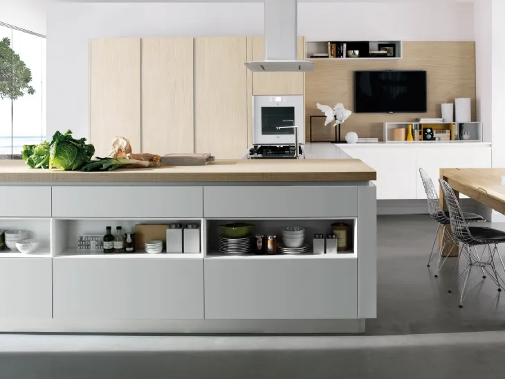 Cucina su misura angolare in laccato bianco opaco e legno Limha Matt di Miton
